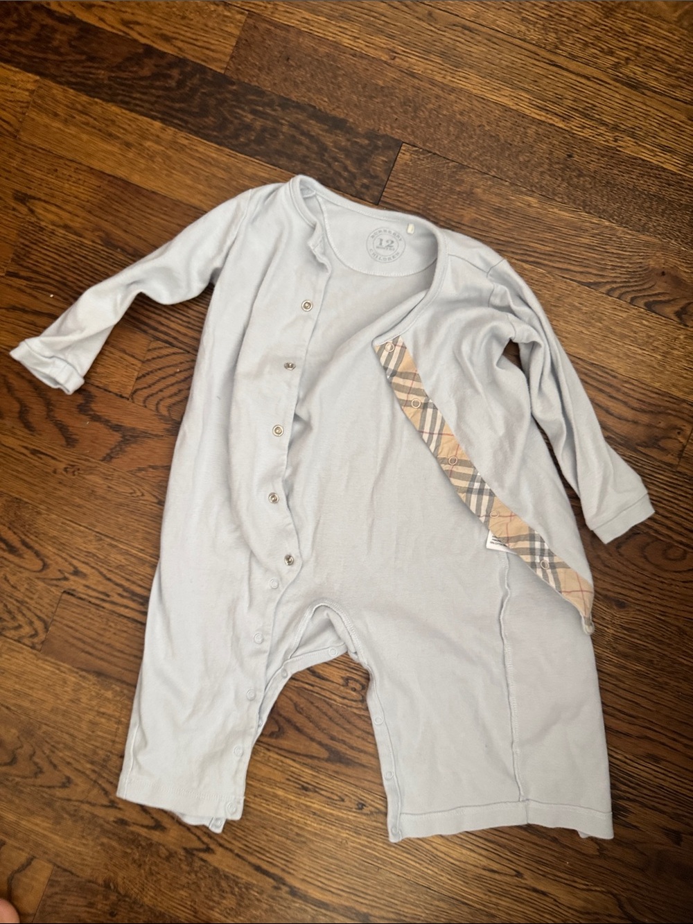 Burberry Light Gray Baby Footie with Signature Check Trim